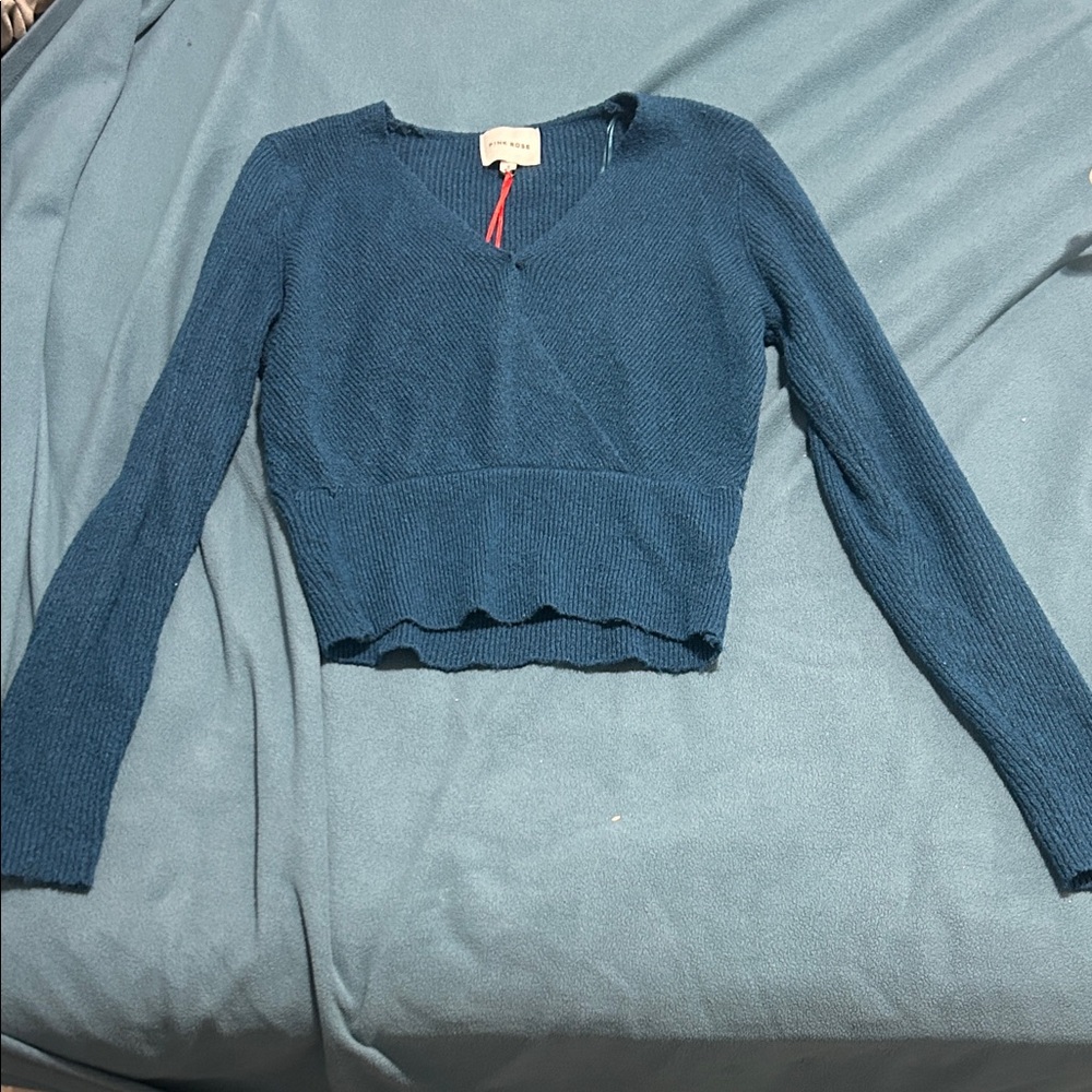 Pink Rose Blue V-Neck Sweater with Wide Leg Pants